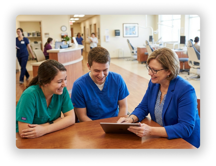 Medical students talking to their school coordinator